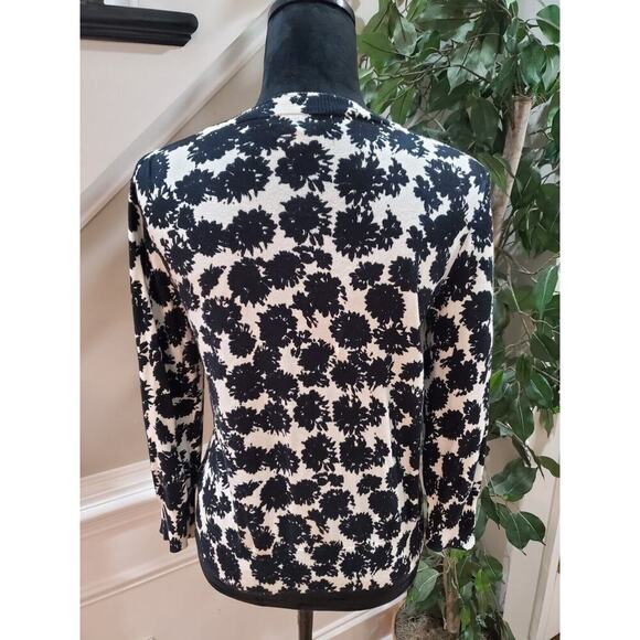 J.Crew Women Black White Floral Cotton Round Neck Long Sleeve Cardigan Sweater M - Picture 5 of 11